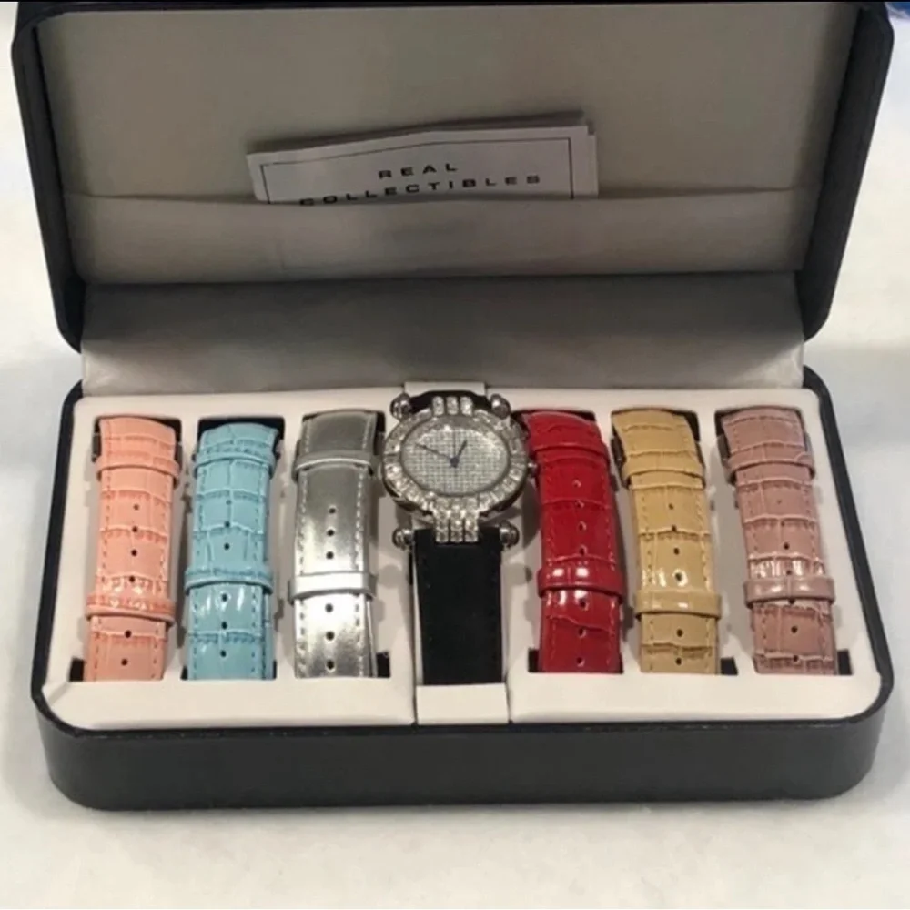 REAL COLLECTIBLES BY ADRIENNE WATCH SET CRYSTAL BEZEL & 7 COLORFUL BANDS - NIB